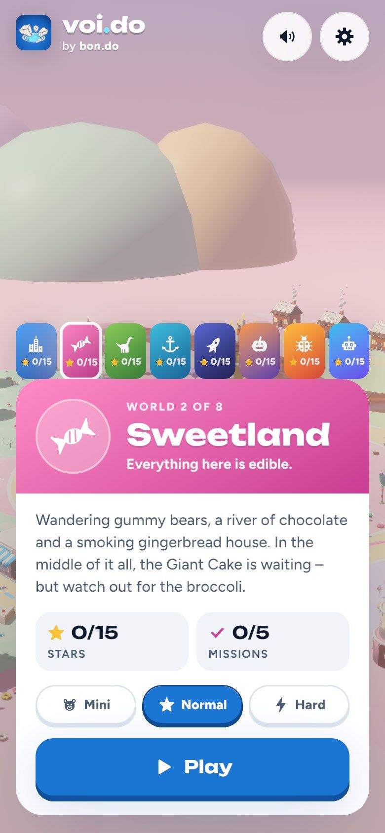 Het menu: kies een wereld en een moeilijkheidsgraad